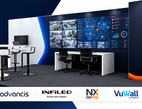 Stand communexpoprotection 2026 : mur LED incurvé affichant un tableau de supervision, console opérateur et deux sièges au premier plan, logos Advancis, INFiLED, Nexee et VuWall