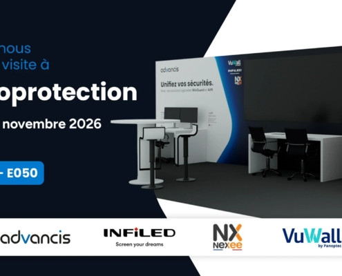 Stand commun Expoprotection 2026 : mur LED incurvé affichant un tableau de supervision, console opérateur et deux sièges au premier plan, logos Advancis, INFiLED, Nexee et VuWall