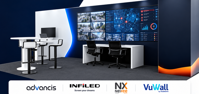 Stand communexpoprotection 2026 : mur LED incurvé affichant un tableau de supervision, console opérateur et deux sièges au premier plan, logos Advancis, INFiLED, Nexee et VuWall
