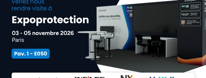 Stand commun Expoprotection 2026 : mur LED incurvé affichant un tableau de supervision, console opérateur et deux sièges au premier plan, logos Advancis, INFiLED, Nexee et VuWall