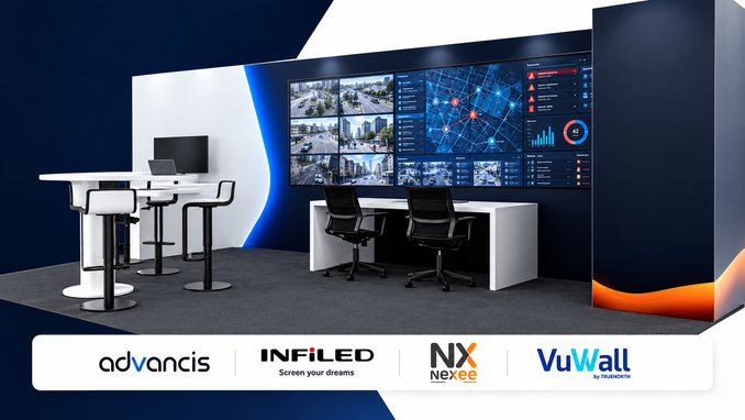 stand-nexee-expoprotection-2026 Stand communexpoprotection 2026 : mur LED incurvé affichant un tableau de supervision, console opérateur et deux sièges au premier plan, logos Advancis, INFiLED, Nexee et VuWall