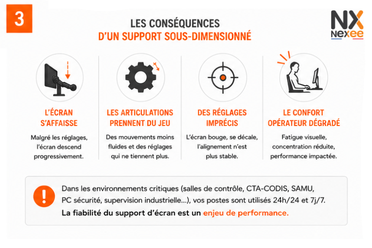 support-ecran-sous-dimensionne Conséquences d'un support d'écran sous-dimensionné : affaissement, jeu des articulations et perte de précision.